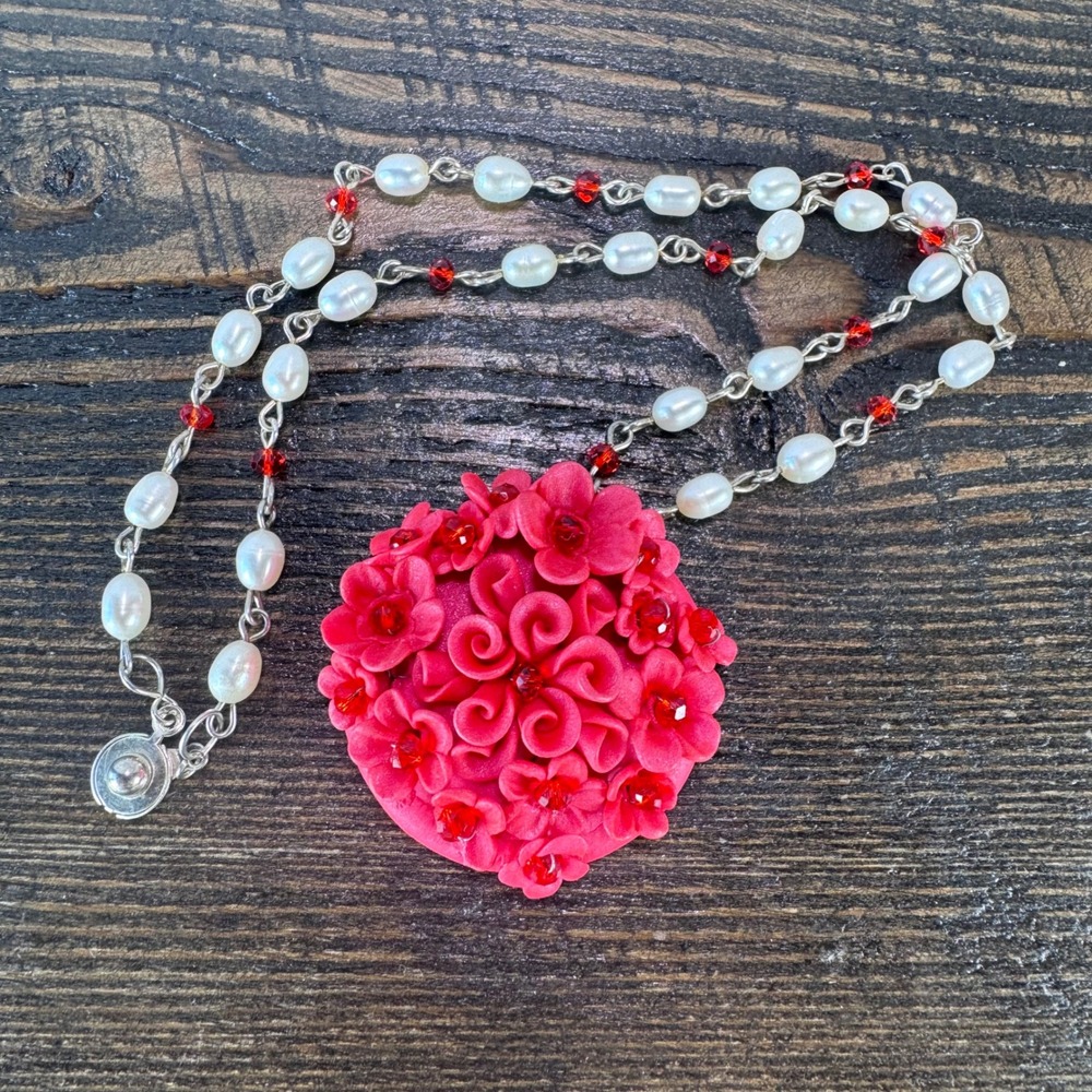 Handmade Floral Pendant Necklace Jewelry Women Pink Pearl Crystal Rose Bouquet